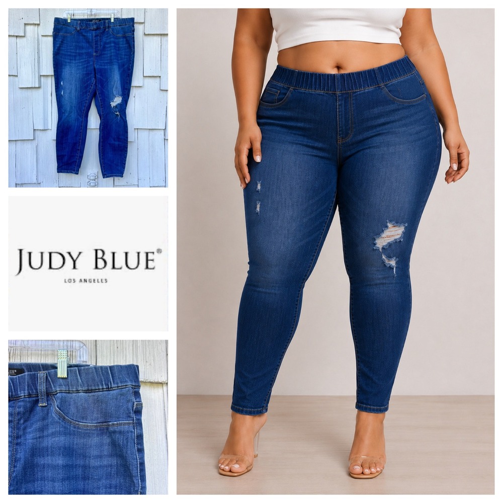 Judy Blue 22W Skinny Fit Distressed Pull On High Rise Jeans Medium Wash JB88255